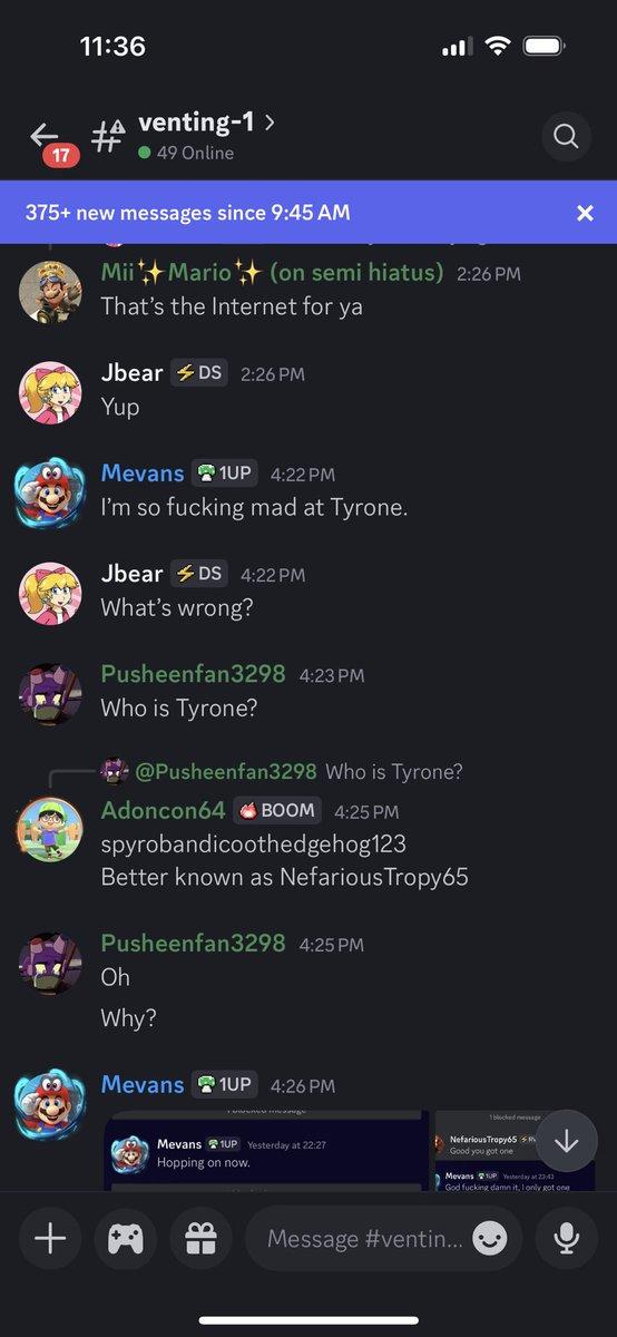 A screenshot of the "Discord":https://knowyourmeme.com/memes/sites/discord channel in which user Mevans and his girlfriend broke up when he was ranting about a guy named Tyrone stealing his kill in a "_Fortnite_":https://knowyourmeme.com/memes/subcultures/fortnite quest.