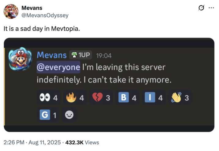 A "tweet":https://knowyourmeme.com/memes/sites/twitter-x from MevansOdyssey on X, showing his own "Discord":https://knowyourmeme.com/memes/sites/discord message about leaving the Discord server where JBear broke up with him.