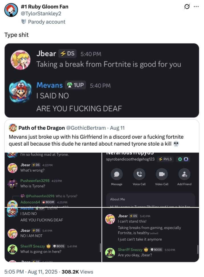 A "tweet":https://knowyourmeme.com/memes/sites/twitter-x about the Mevans and Tyrone situation on "Discord":https://knowyourmeme.com/memes/sites/discord and "Twitter / X":https://knowyourmeme.com/memes/sites/twitter-x.