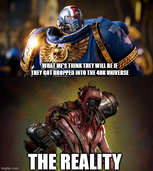 WHAT MF'S THINK THEY WILL BE IF THEY GOT DROPPED INTO THE 40K UNIVERSE THE REALITY imgflip.com