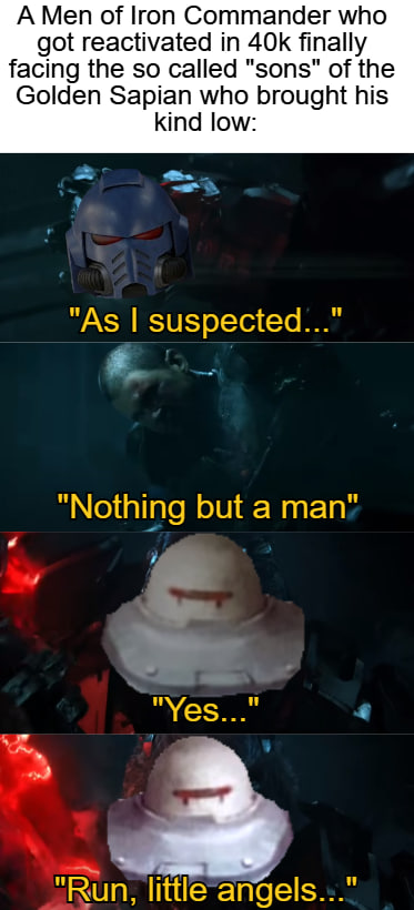 A Men of Iron Commander who got reactivated in 40k finally facing the so called "sons" of the Golden Sapian who brought his kind low: "As I suspected..." "Nothing but a man" "Yes..." "Run, little angels..."