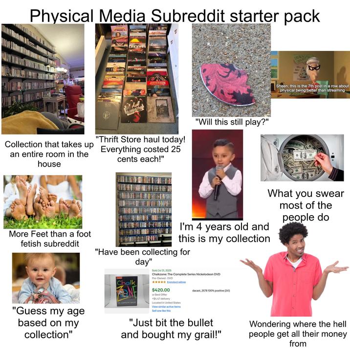 Physical Media Subreddit starter pack Ga Trentine JACKSON BROWNE RUSH BAY CITY BOLLERS OWDEZ NONCE JEFFERSON "Thrift Store haul today! Collection that takes up Everything costed 25 an entire room in the house cents each!" "Will this still play?" HEALTH DIET Sheen, this is the 7th post in a row about physical being better than streaming D What you swear most of the people do More Feet than a foot fetish subreddit "Guess my age based on my collection" I'm 4 years old and this is my collection "Have been collecting for Chalk THE COMPLETE SERIES day" Sold Jul 31, 2025 Chalkzone: The Complete Series Nickelodeon DVD Pre-Owned DVD ✰✰✰✰✰ 8 product ratings $420.00 or Best Offer +$4.47 delivery Located in United States View similar active items Sell one like this dacast 3578 100% positive (241) "Just bit the bullet and bought my grail!" Wondering where the hell people get all their money from
