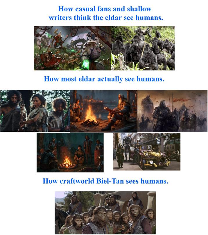 How casual fans and shallow writers think the eldar see humans. How most eldar actually see humans. QU How craftworld Biel-Tan sees humans.