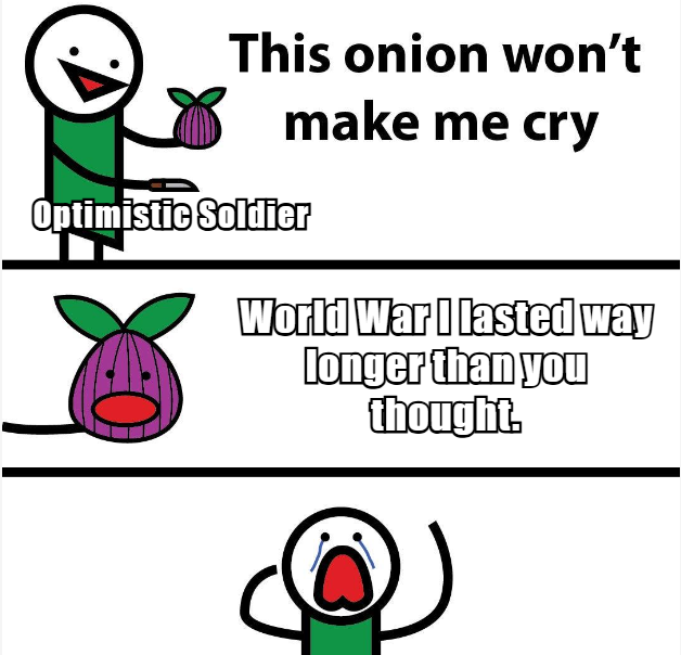 This onion won't make me cry Optimistic Soldier World War I lasted way longer than you thought. @