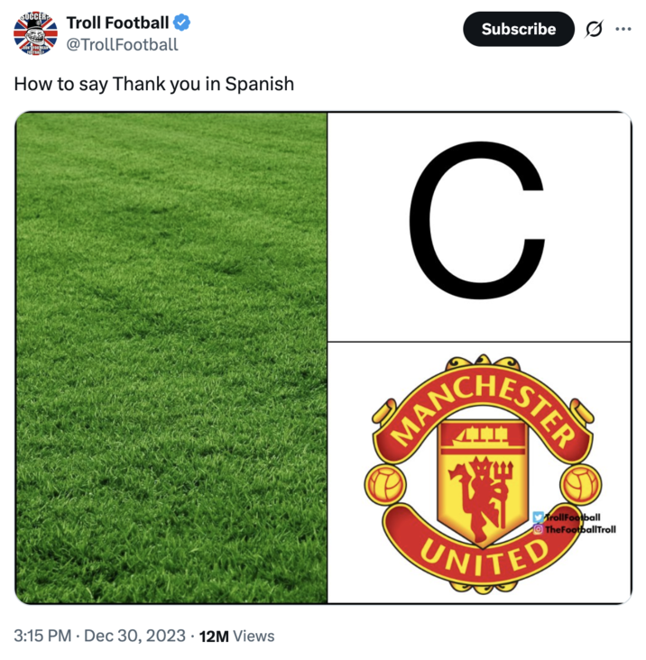 December 30th, 2023 tweet by @TrollFootball X user @TrollFootball posted a version of the "How to say "thank you" in Spanish meme," posting a photo of grass turf, the letter "C" and the Manchester United logo. The post gathered over 12 million views and 80,000 likes in over a year.