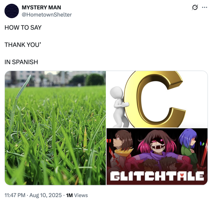 August 10th, 2025 tweet by @HometownShelter X user @HometownShelter tweeted, "HOW TO SAY 'THANK YOU’ IN SPANISH," alongside a photo of grass, the letter "C" and a poster for <i>Glitchtale</i>, a poorly received animated reimagining of the popular video game "_Undertale_":https://knowyourmeme.com/memes/subcultures/undertale.