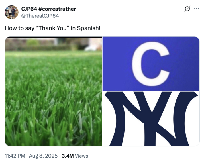 August 8th, 2025 tweet by @TherealCJP64 X user @TherealCJP64 tweeted, "How to say “Thank You” in Spanish!" alongside a photo of grass, the letter "C" and the Yankees baseball team logo. The post gathered over 29,000 likes in five days.