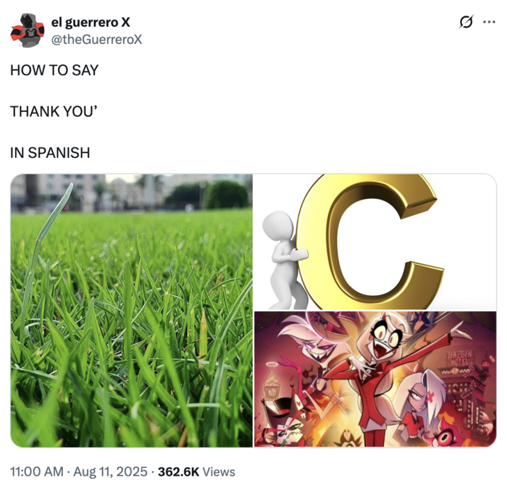 August 11th, 2025 tweet by @theGuerreroX X user @theGuerreroX posted an image of grass, the letter C and a poster from _Hazbin Hotel_, gathering over 24,000 likes in two days.