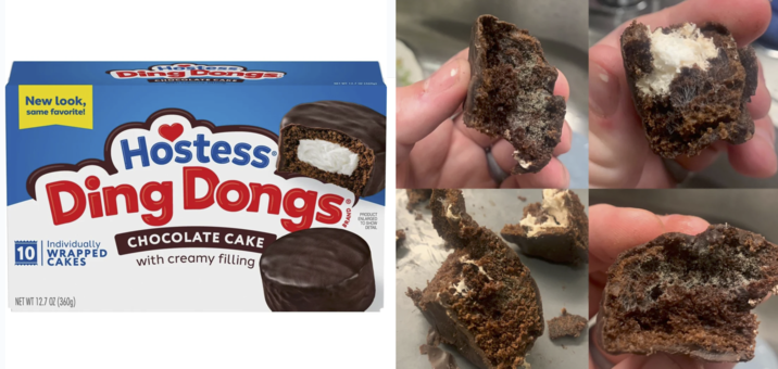 New look, same favorite! HSSess CHOCOLATE CAKE with creamy filling NET WT 12.7 oz (360) Hostess Ding Dongs Individually 10 WRAPPED CAKES CHOCOLATE CAKE with creamy filling PRODUCT ENLARGED TO SHOW DETAIL NET WT 12.7 OZ (360g)