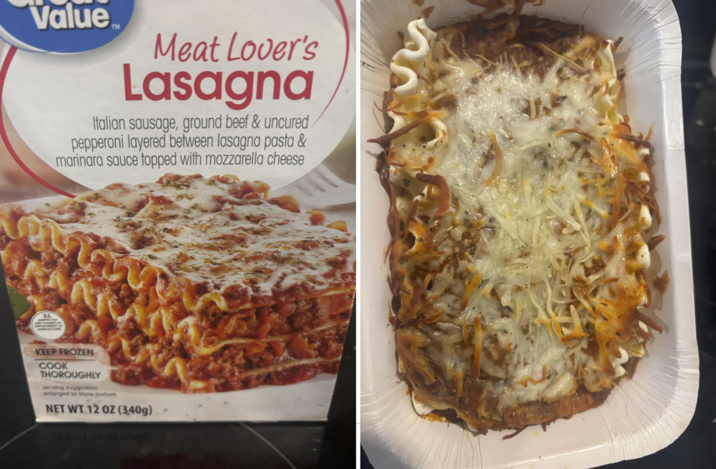 Value TM U.S. Meat Lover's Lasagna Italian sausage, ground beef & uncured pepperoni layered between lasagna pasta & marinara sauce topped with mozzarella cheese KEEP FROZEN COOK THOROUGHLY serving suggestion enlarged to show texture NET WT 12 OZ (340g)