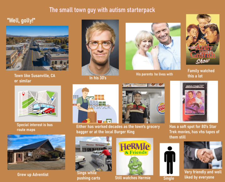 "Well, golly!" The small town guy with autism starterpack the Andy Griffith Show Family watched Town like Susanville, CA or similar His parents he lives with In his 30's this a lot ווח Special interest is bus route maps BURGE KIN Either has worked decades as the town's grocery bagger or at the local Burger King Grew up Adventist Winn-Disis Marketplace getty Credit HERMIE & Friends Has a soft spot for 80's Star Trek movies, has vhs tapes of them still Sings while pushing carts Still watches Hermie Single Very friendly and well liked by everyone