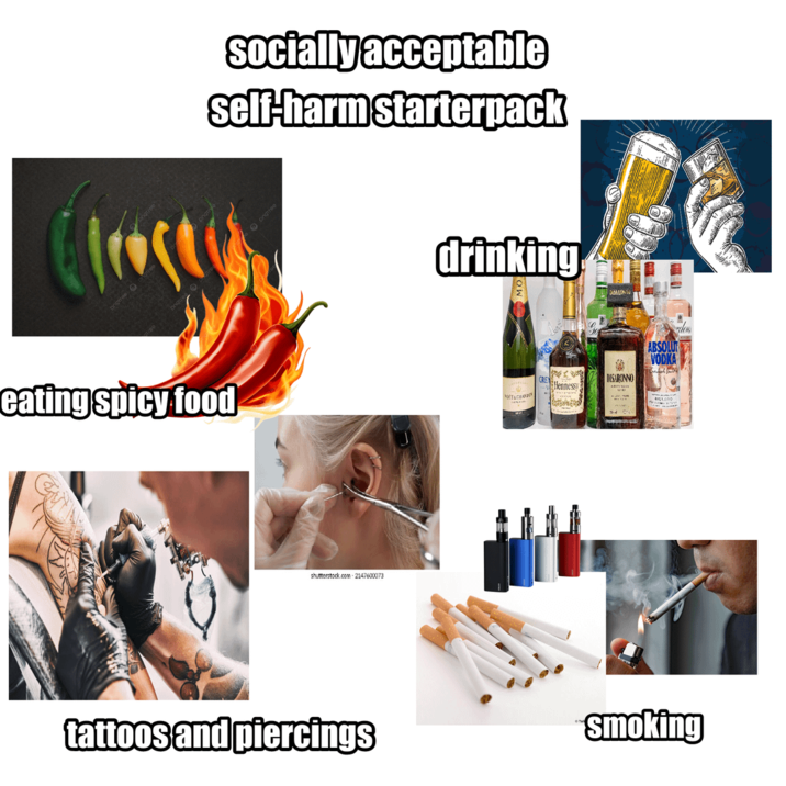 socially acceptable self-harm starterpack eating spicy food shutterstock.com -2147600073 drinking OETACEAND DISARONNO Hennessy ABSOLUT VODKA tattoos and piercings Smoking