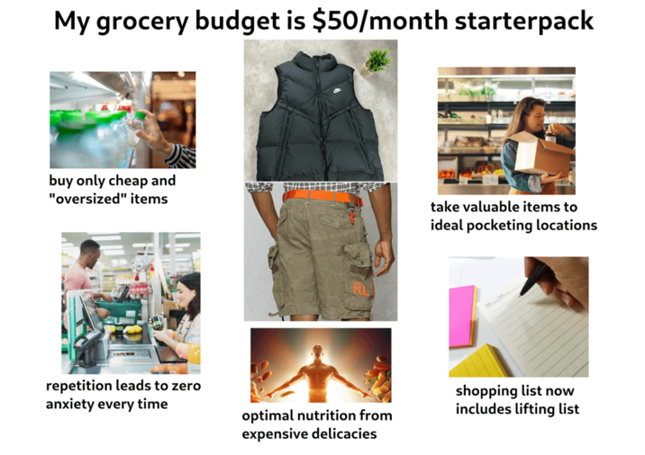My grocery budget is $50/month starterpack buy only cheap and "oversized" items take valuable items to ideal pocketing locations repetition leads to zero anxiety every time optimal nutrition from expensive delicacies shopping list now includes lifting list