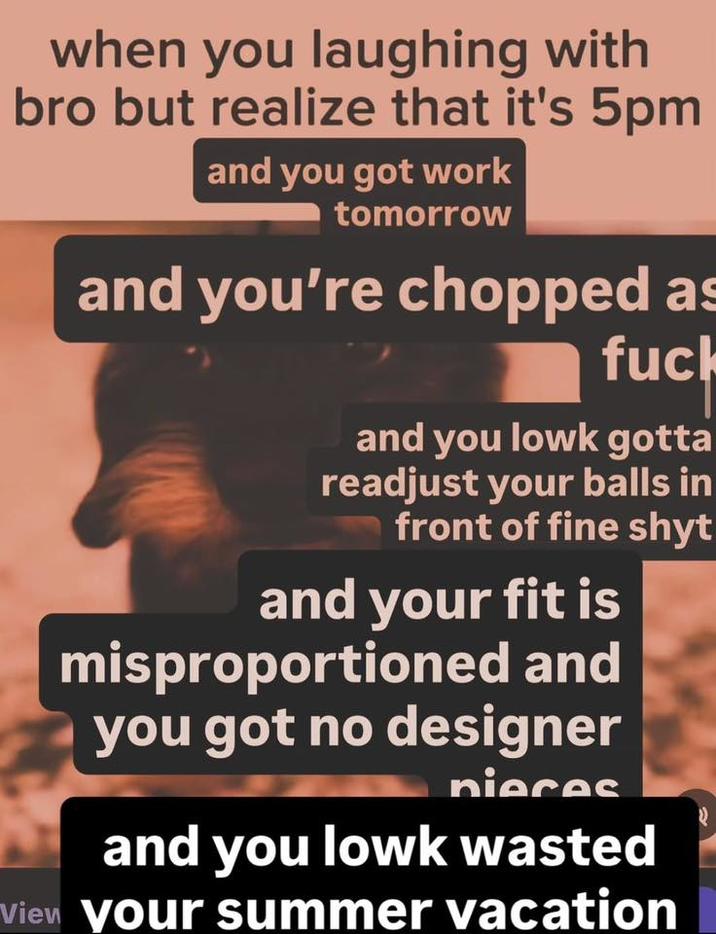 the realization when you laughing with bro but realize that it's 5pm and you got work tomorrow and you're chopped as f--- and you lowk gotta readjust your balls in front of fine shyt and your fit is misproportioned and you got no designer nieces and you lowk wasted View your summer vacation