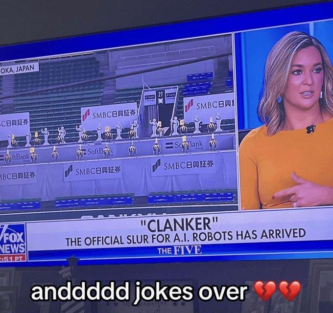 A screenshot of Fox News discussing "clanker." The photo is captioned "jokes over."