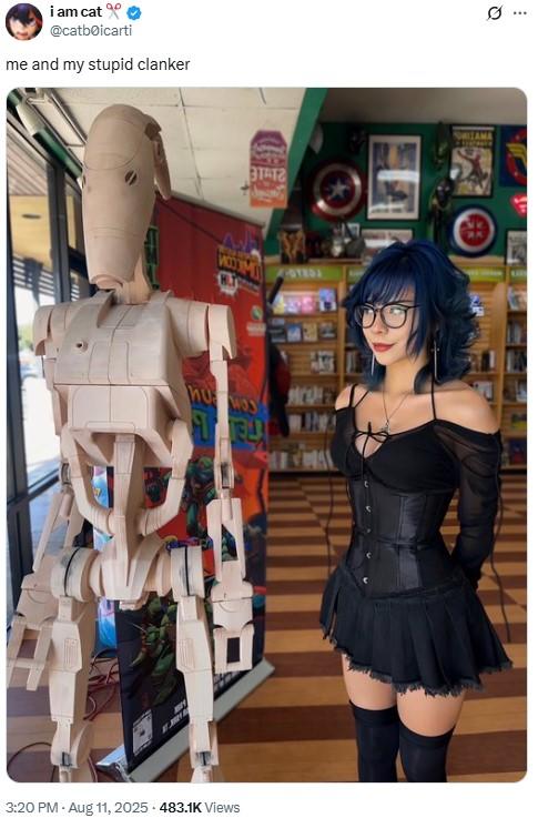 A photo of a girl and a droid. The post is captioned, "Me and my stupid clanker."