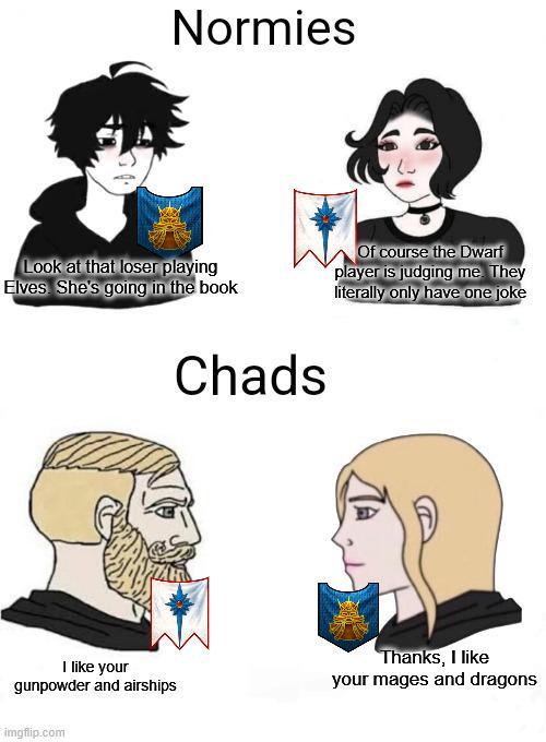 Normies Of course the Dwarf Look at that loser playing Elves She's going in the book player is judging me. They literally only have one joke Chads I like your gunpowder and airships Thanks, I like your mages and dragons imgflip.com