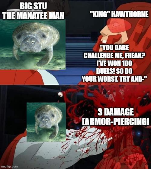 BIG STU THE MANATEE MAN "KING" HAWTHORNE imgflip.com "YOU DARE CHALLENGE ME, FREAK? I'VE WON 100 DUELS! SO DO YOUR WORST, TRY AND-" 3 DAMAGE CARMOR-PIERCINGI