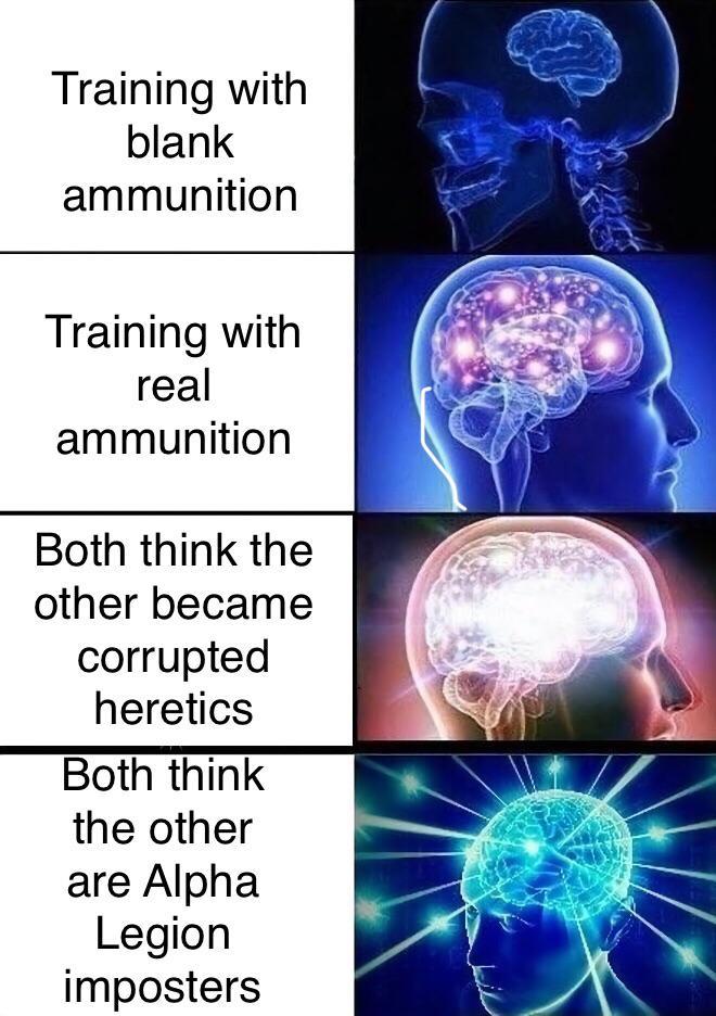 Training with blank ammunition Training with real ammunition Both think the other became corrupted heretics Both think the other are Alpha Legion imposters