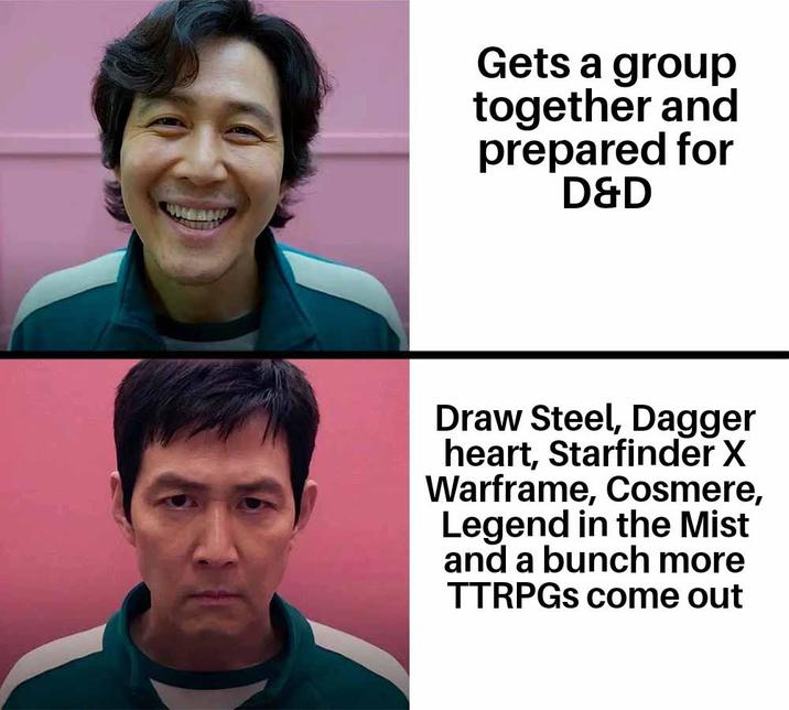 Gets a group together and prepared for D&D Draw Steel, Dagger heart, Starfinder X Warframe, Cosmere, Legend in the Mist and a bunch more TTRPGs come out