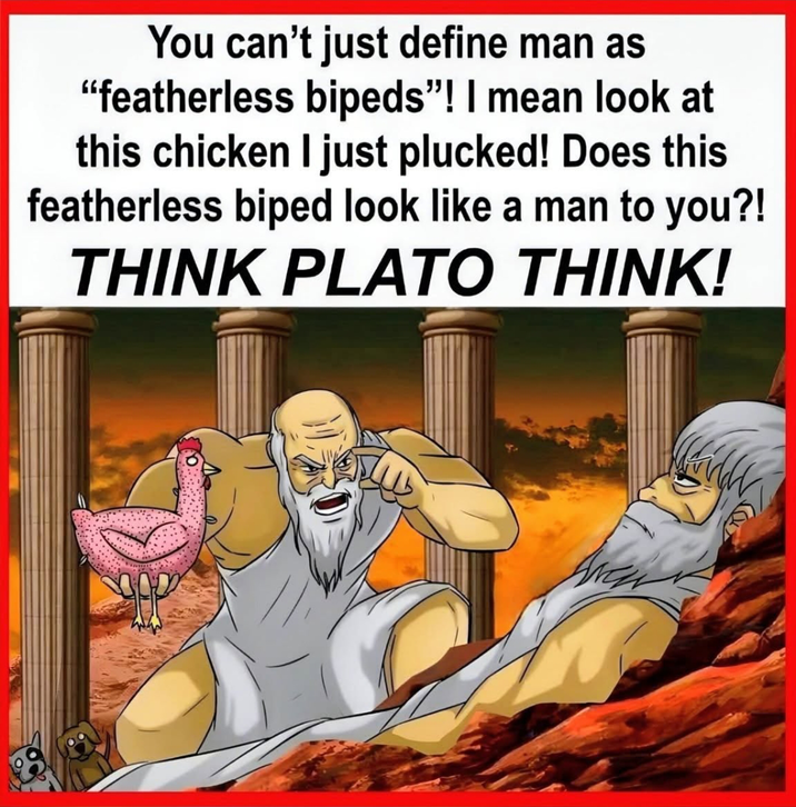 You can't just define man as "featherless bipeds"! I mean look at this chicken I just plucked! Does this featherless biped look like a man to you?! THINK PLATO THINK!