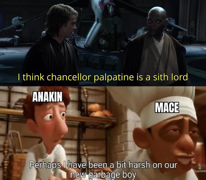 I think chancellor palpatine is a sith lord ANAKIN MACE Perhaps I have been a bit harsh on our new garbage boy