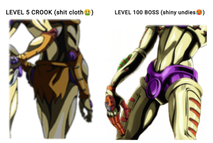 LEVEL 5 CROOK (s--- cloth 23 LEVEL 100 BOSS (shiny undies ()