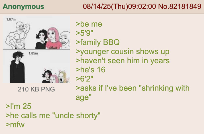 Anonymous 1,67m 1,85m phho 210 KB PNG >I'm 25 08/14/25(Thu)09:02:00 No.82181849 >be me >5'9" >family BBQ >younger cousin shows up >haven't seen him in years >he's 16 >6'2" >asks if I've been "shrinking with age" >he calls me "uncle shorty" >mfw