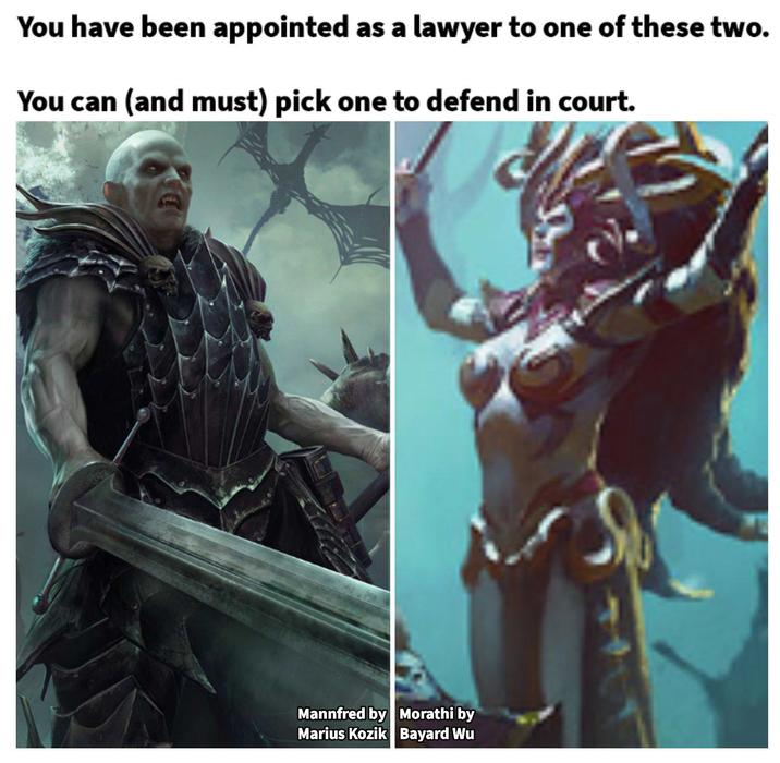 You have been appointed as a lawyer to one of these two. You can (and must) pick one to defend in court. Mannfred by Morathi by Marius Kozik Bayard Wu