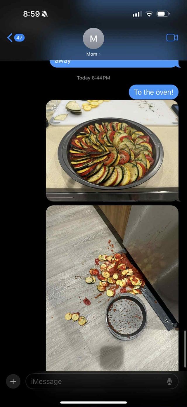 47 8:59 away + iMessage M Mom > Today 8:44 PM To the oven!