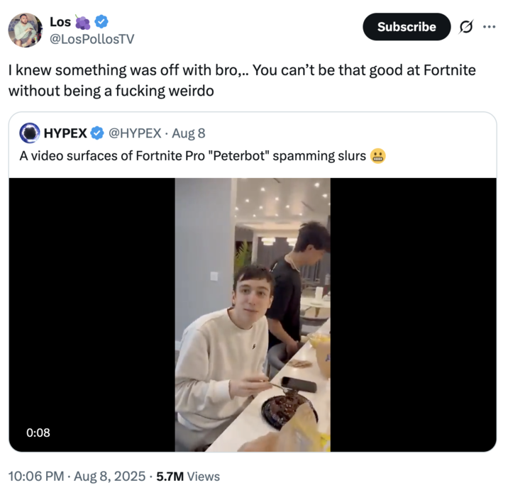 LosPollosTV reaction A "tweet":https://knowyourmeme.com/memes/sites/twitter-x from streamer LosPollosTV about the Peterbot N-word "video":https://knowyourmeme.com/memes/viral-videos, reading, "I knew something was off with bro,.. You can’t be that good at Fortnite without being a f------ weirdo."
