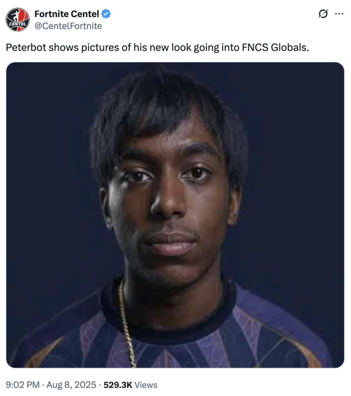 Peterbot shows pictures of his new look going into FNCS Globals. A "meme":https://knowyourmeme.com/memes/memes about pro "_Fortnite_":https://knowyourmeme.com/memes/subcultures/fortnite player Peterbot saying the n-word, using a "photoshopped":https://knowyourmeme.com/memes/sites/photoshop image of him as a Black man.