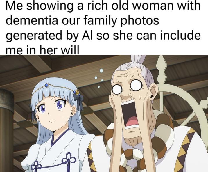 Me showing a rich old woman with dementia our family photos generated by Al so she can include me in her will