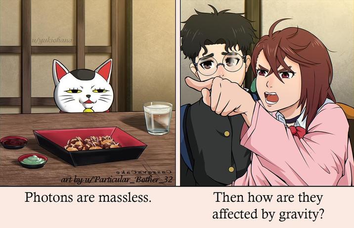 u/yukiohana art by u/Particular Bother 32 Photons are massless. Then how are they affected by gravity?