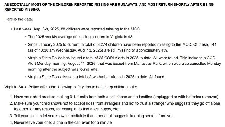 Virginia Police Statement on Missing Kids A portion of the police response to claims of 80 missing kids in Virginia in August 2025. They claim there is no rise in missing kids.