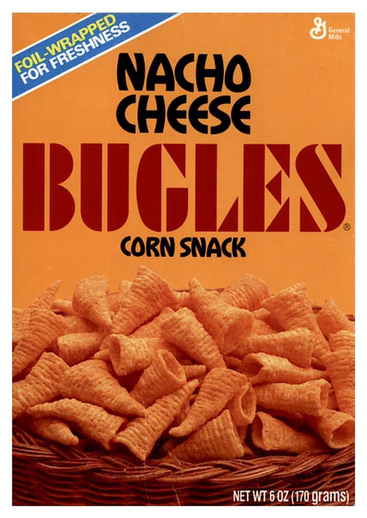 General Mills FOIL-WRAPPED FOR FRESHNESS NACHO CHEESE Be BUGLES CORN SNACK NET WT 6 OZ (170 grams)