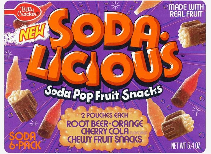 Betty Crocker NEW MADE WITH REAL FRUIT SODA LICIOUS SODA 6-PACK Soda Pop Fruit Snacks 2 POUCHES EACH ROOT BEER ORANGE CHERRY COLA FLAVORED CHEWY FRUIT SNACKS NET WT 5.4 OZ.