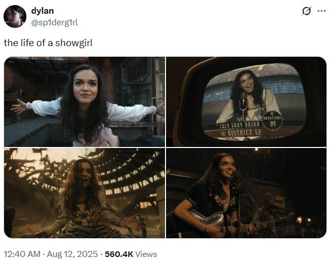 Rachel Zegler is the Showgirl A meme riffing on Taylor Swift's album "The Life of a Showgirl." The meme uses images of Rachel Zegler.