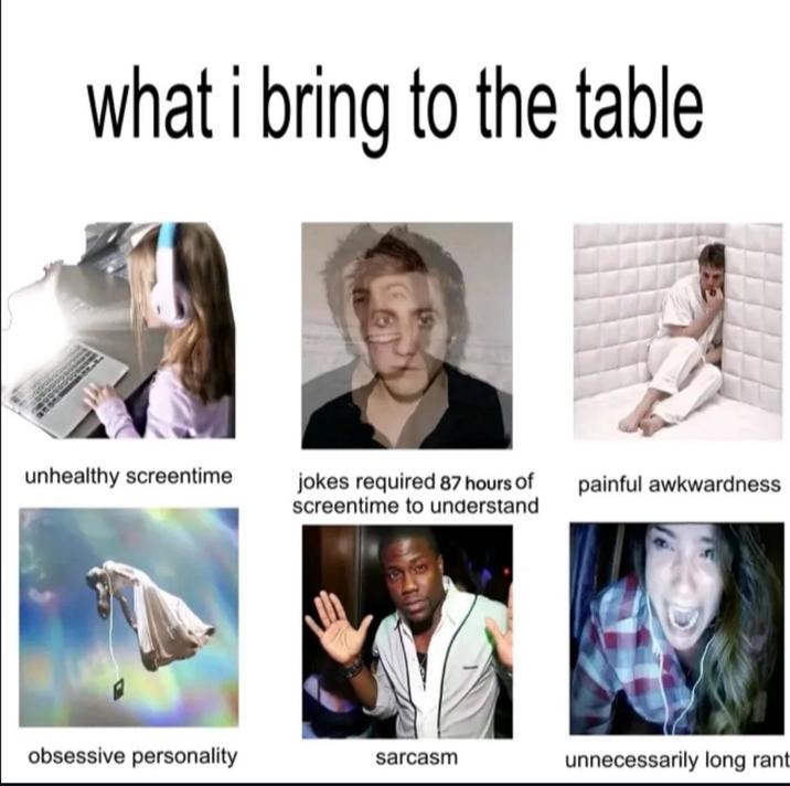 what i bring to the table unhealthy screentime jokes required 87 hours of screentime to understand painful awkwardness obsessive personality sarcasm unnecessarily long rant