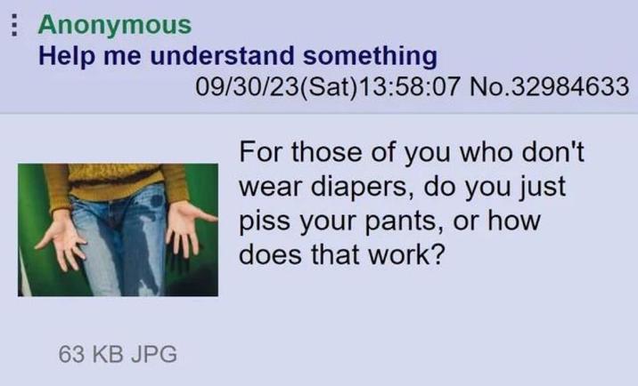 Anonymous Help me understand something 09/30/23(Sat) 13:58:07 No.32984633 For those of you who don't wear diapers, do you just piss your pants, or how does that work? 63 KB JPG