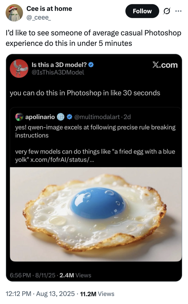 August 13th, 2025 tweet by @_ceee_ X user @_ceee_ quoted @IsThisA3DModel's tweet claiming that the blue egg yolk effect can be achieved on Photoshop in under 30 seconds, writing, "I’d like to see someone of average casual Photoshop experience do this in under 5 minutes." The post gathered over 11 million views and 12,000 likes in two days.