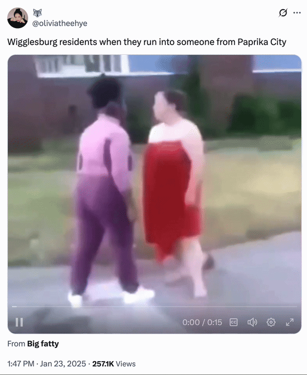 January 23rd, 2025 tweet by @oliviatheehye X user @oliviatheehye posted a video of two women fighting alongside a caption that read, "Wigglesburg residents when they run into someone from Paprika City," gathering over 12,000 likes in seven months.
