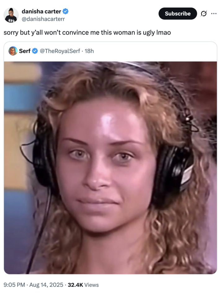 sorry but y’all won’t convince me this woman is ugly lmao A "quote-tweet":https://knowyourmeme.com/memes/quote-retweets-qrts about the Buttaface Contest girl Stacy from the Howard Stern Show in the 2000s. The quote-tweet reads, "Sorry but y’all won’t convince me this woman is ugly LMAO."