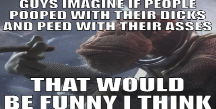 GUYS IMAGINE IF PEOPLE POOPED WITH THEIR D---- AND PEED WITH THEIR ASSES THAT WOULD BE FUNNY I THINK