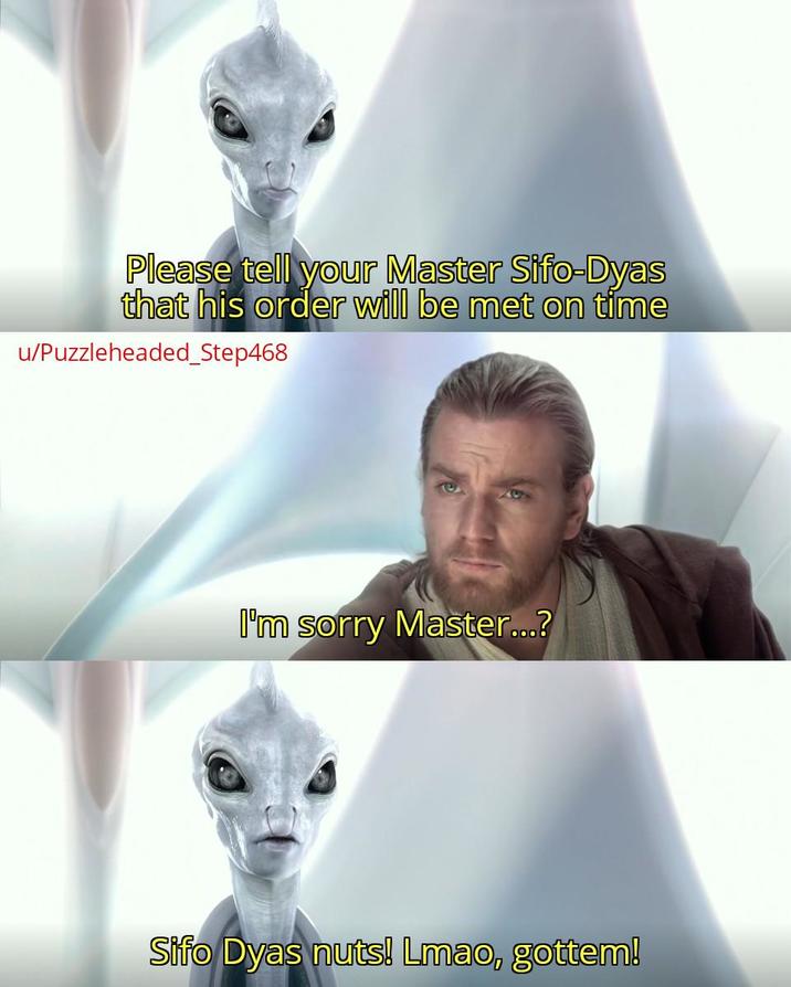 Please tell your Master Sifo-Dyas that his order will be met on time u/Puzzleheaded_Step468 I'm sorry Master...? Sifo Dyas nuts! Lmao, gottem!