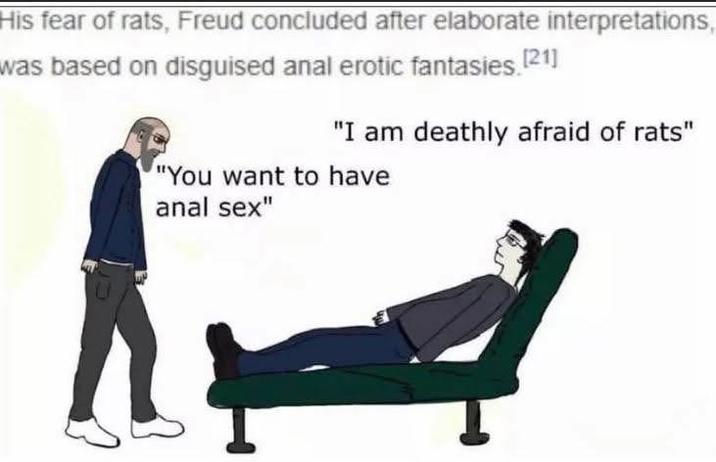 His fear of rats, Freud concluded after elaborate interpretations, was based on disguised a--- erotic fantasies. [21] "I am deathly afraid of rats" "You want to have a--- sex"