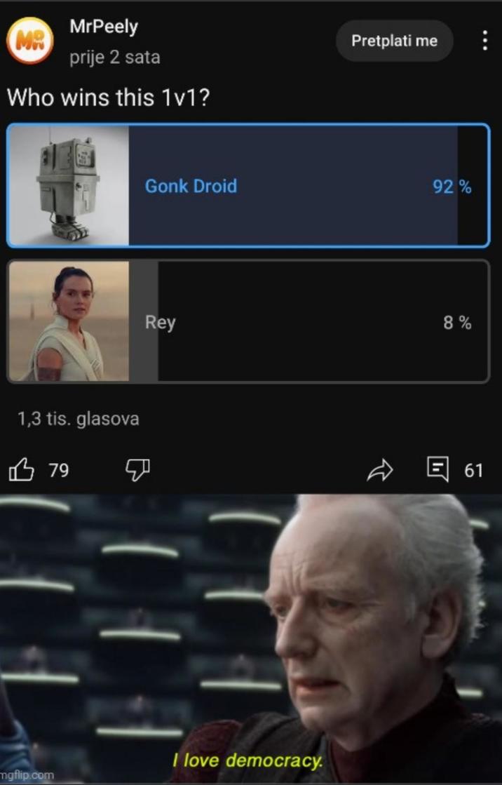 MrPeely MR prije 2 sata Who wins this 1v1? 1,3 tis. glasova 79 Pretplati me Gonk Droid 92% Rey 8% I love democracy. mgflip.com 61