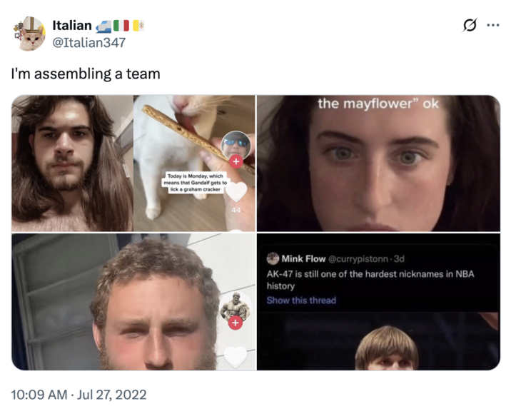 A "tweet":https://knowyourmeme.com/memes/sites/twitter-x using the "I'm Assembling a Team":https://knowyourmeme.com/memes/im-putting-together-a-team-im-assembling-a-team caption, joking about Rare Physiognomies.
