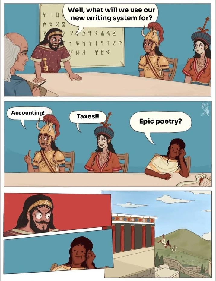 上目 A XX Well, what will we use our new writing system for? TAMA 7 T A F TE Accounting! Taxes!! Epic poetry?