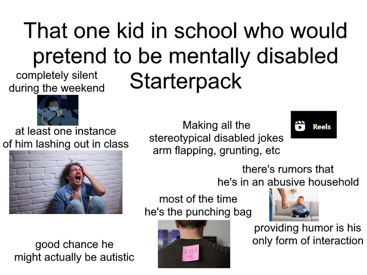 That one kid in school who would pretend to be mentally disabled completely silent during the weekend at least one instance of him lashing out in class good chance he might actually be autistic Starterpack Making all the stereotypical disabled jokes arm flapping, grunting, etc Reels there's rumors that he's in an abusive household most of the time he's the punching bag KICK ME providing humor is his only form of interaction